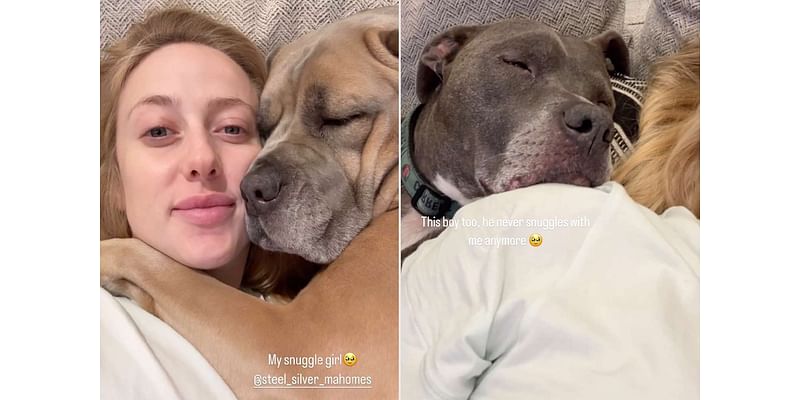 Pregnant Brittany Mahomes Cuddles on the Couch with Dogs Steel and Silver: ‘My Snuggle Girl’