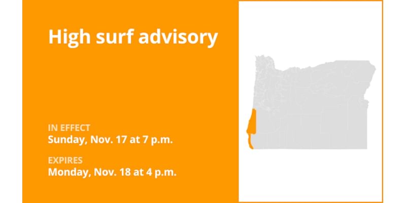 High surf advisory affecting South Central Oregon Coast and Curry County Coast until early Monday evening – breaking waves of 20 to 23 feet foreseen