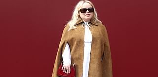 Bridgerton's Nicola Coughlan catches the eye in a tan suede blazer and £2,800 bag as she hits the front row at Gucci's Milan Fashion Week show