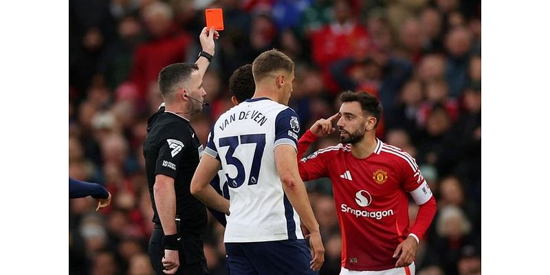 Manchester United humbled by Tottenham as Fernandes sees red at Old Trafford