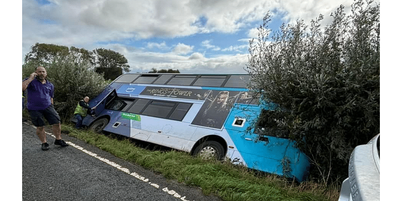 Double decker bus crashes into ditch