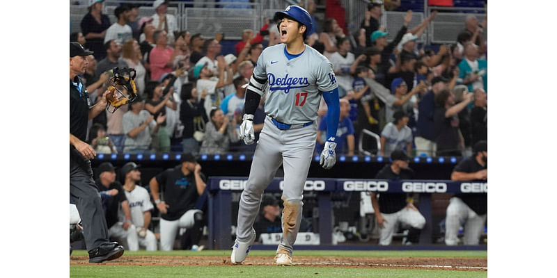 Ohtani has 3 homers, 10 RBIs and becomes first 50-50 player as Dodgers rout Marlins, clinch playoffs