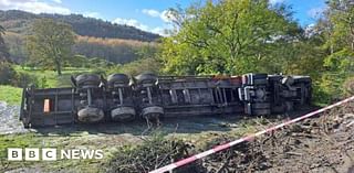 Lorry overturns on A488 near More after heavy rain