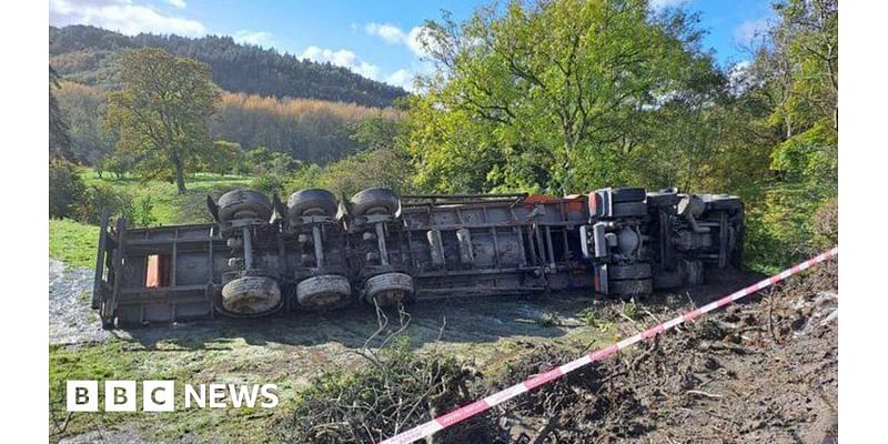 Lorry overturns on A488 near More after heavy rain