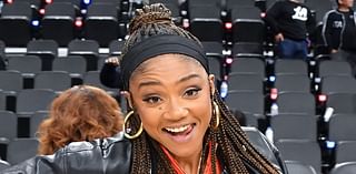 Floyd Mayweather sits courtside as he joins Tiffany Haddish at basketball game between the Los Angeles Clippers and the Utah Jazz