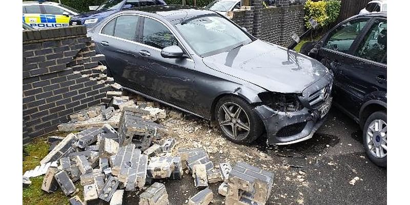 Moment former magistrate, 90, leaves woman with life-changing injuries after crashing his Mercedes into her car before ploughing through a garden wall