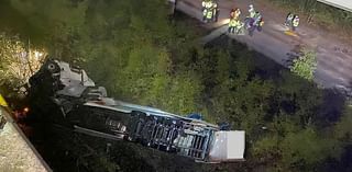 Motorway warning after lorry falls 60m from bridge