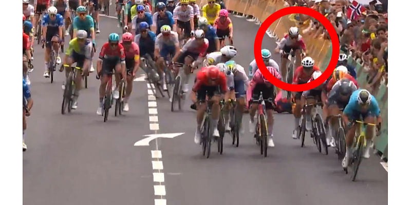 Incredible moment Tour de France star BUNNY HOPS over rival after terrifying crash at 40 miles per hour