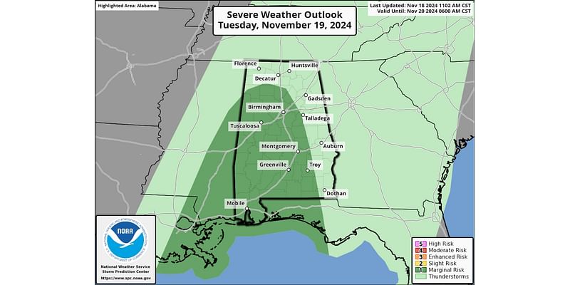 A few strong storms possible in Alabama on Tuesday