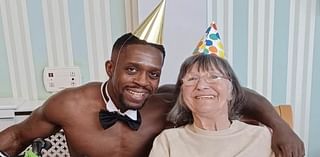 A brew and a beefcake! Centenarian treated to a racy surprise as she and her pals are treated with a 'butler in the buff' on their birthdays