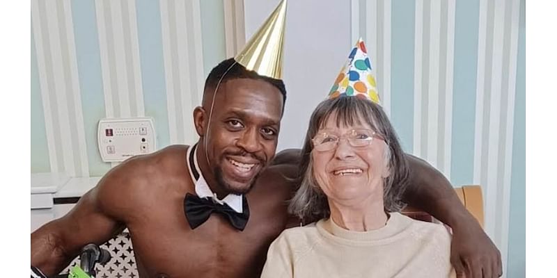 A brew and a beefcake! Centenarian treated to a racy surprise as she and her pals are treated with a 'butler in the buff' on their birthdays