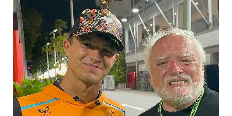 Pictured: F1 stars Lando Norris and George Russell pose for a snap with meme sensation 'Hide the Pain Harold' in the Singapore Grand Prix paddock