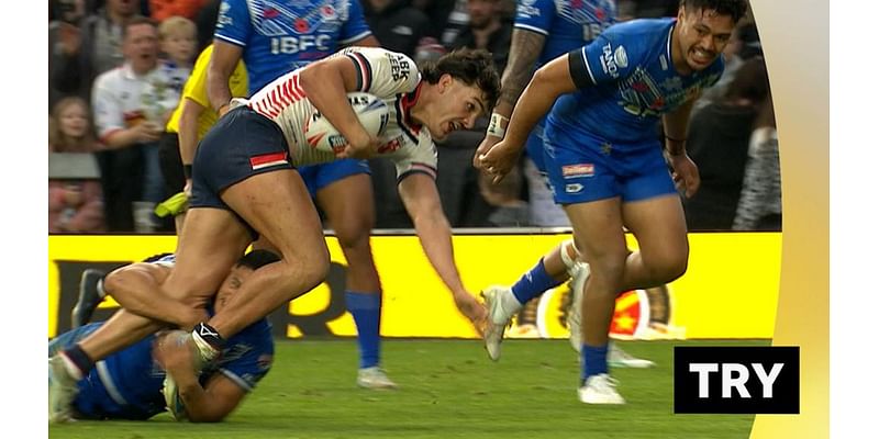 England v Samoa: Herbie Farnworth muscles through to score try