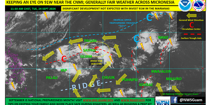 NWS: New tropical disturbance, 91W, east of Saipan not expected to significantly develop