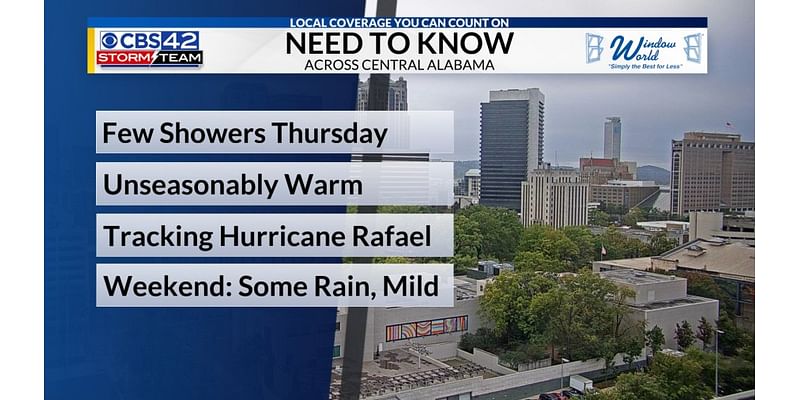 Warm with a daily chance for showers through the weekend, Changes to Rafael’s track