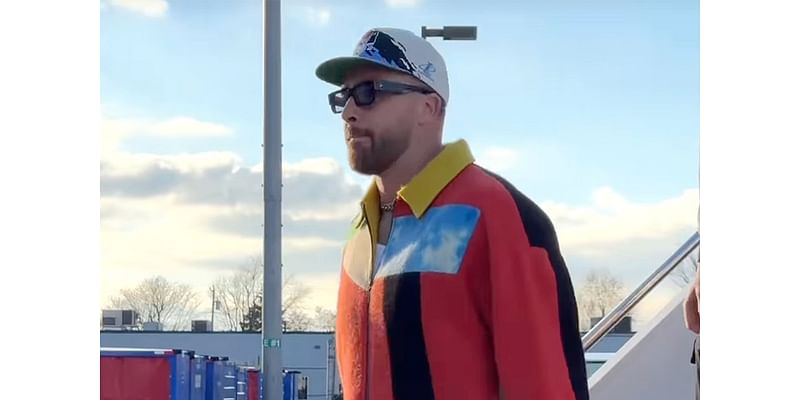 Travis Kelce Lands in Buffalo in Bold Multi-Colored Jacket Ahead of Chiefs Game Against Bills