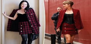 Lucy Liu makes like Taylor Swift in red checked Versace skirt suit