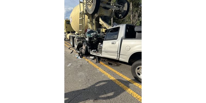 Jones County driver injured after pickup truck crashes into cement truck