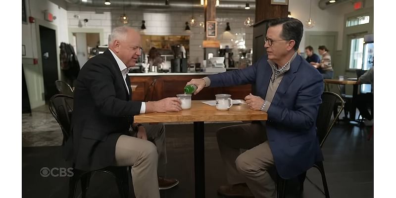 Tim Walz drinks Diet Mountain Dew and watches YouTube with Stephen Colbert on US election-eve appearance