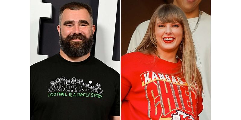 Jason Kelce Takes a Break from Broadcasting Duties to Hug Taylor Swift and Her Mom Andrea at Chiefs Game