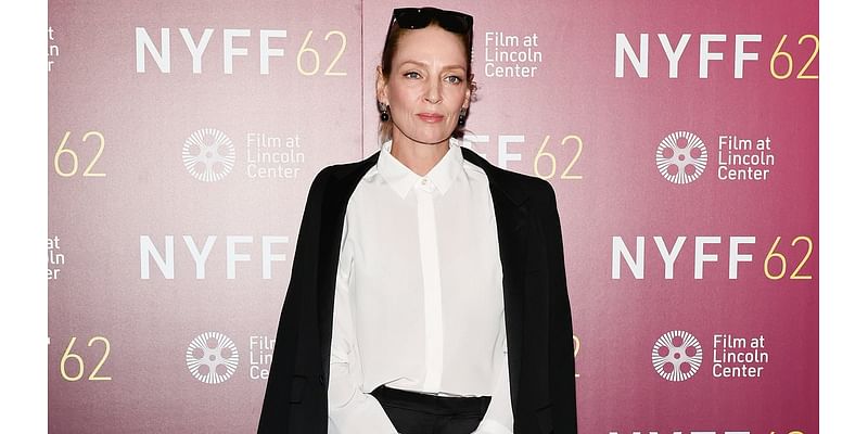 Uma Thurman is chic in a black suit at New York Film Festival premiere of Oh, Canada... as she admits warming to 'macho filmmaker' Paul Schrader after learning he's a Taylor Swift fan