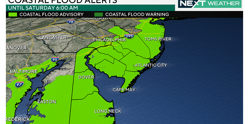 Coastal Flood Advisory in the Philadelphia area until Saturday morning, Coastal Flood Watch through the weekend