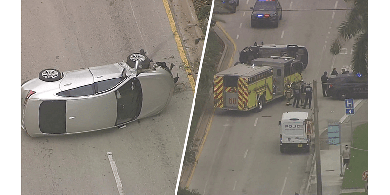 Cat, people treated after rollover crash on Federal Highway in Hallandale Beach